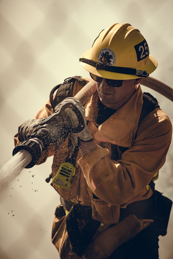 Firefighter equipped with protective gear sprays water during an emergency response.