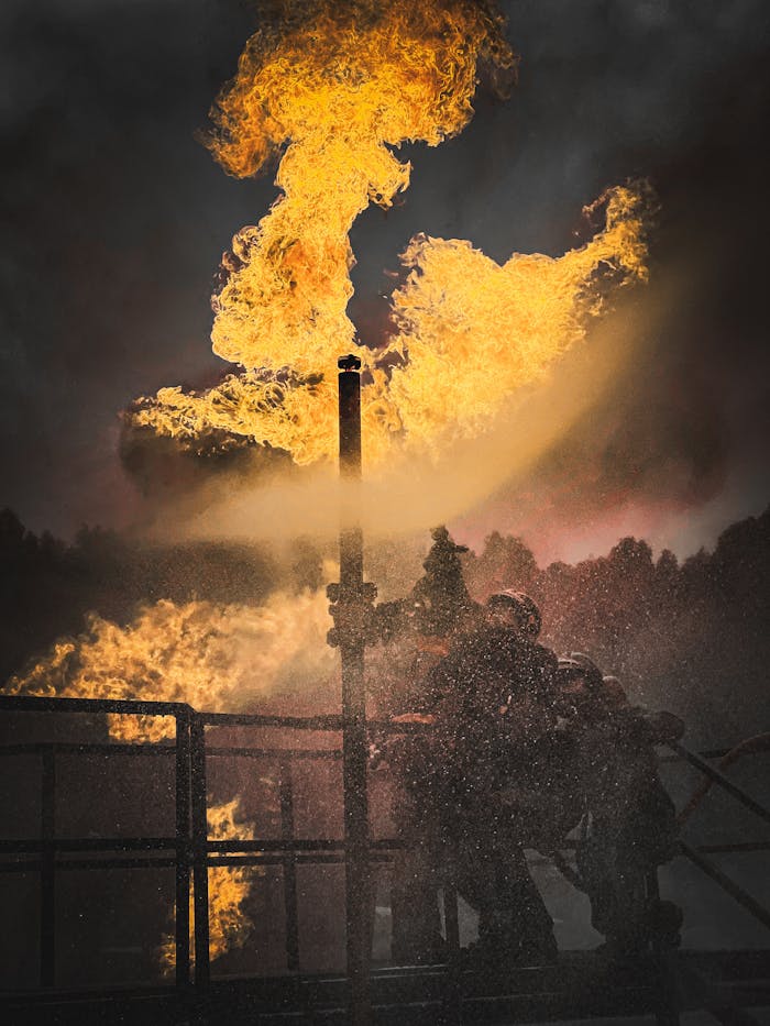 Firefighters combat a towering blaze at night, showcasing bravery and teamwork.